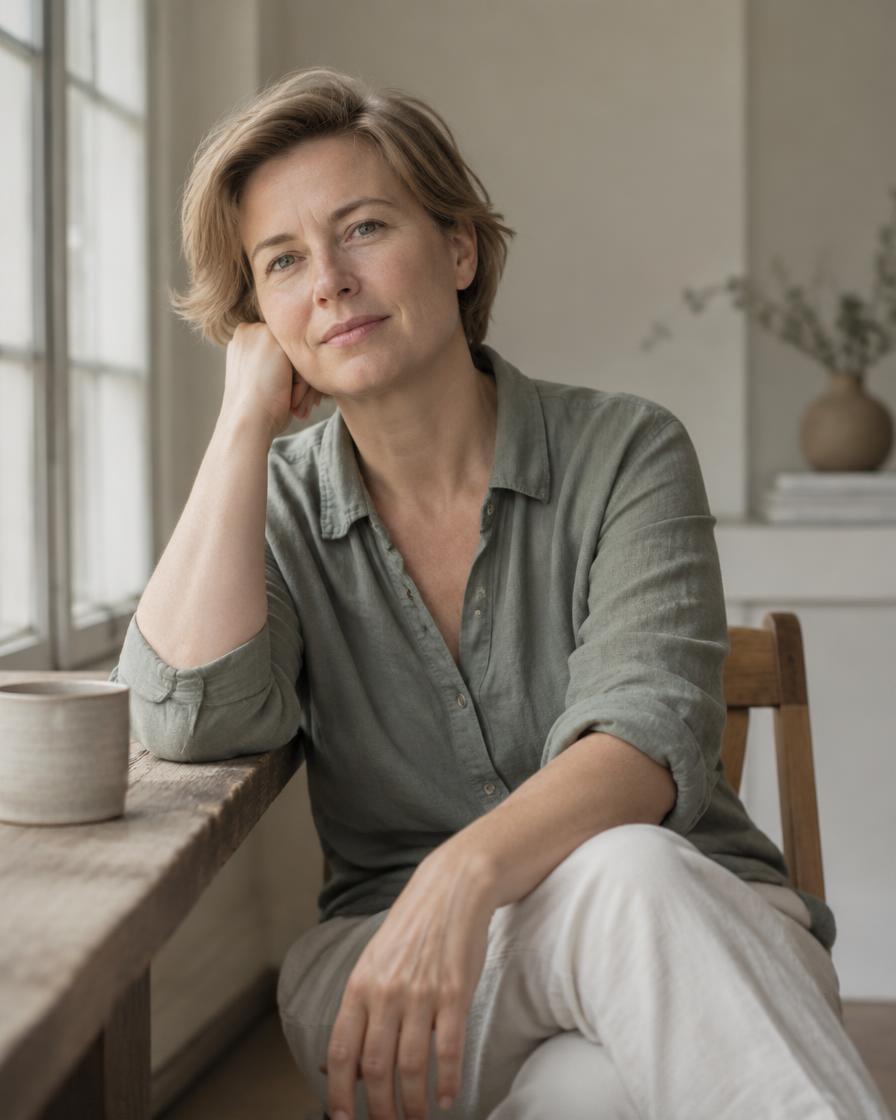 Portret van loopbaancoach Marije van Dijk, zittend aan een houten tafel bij het raam