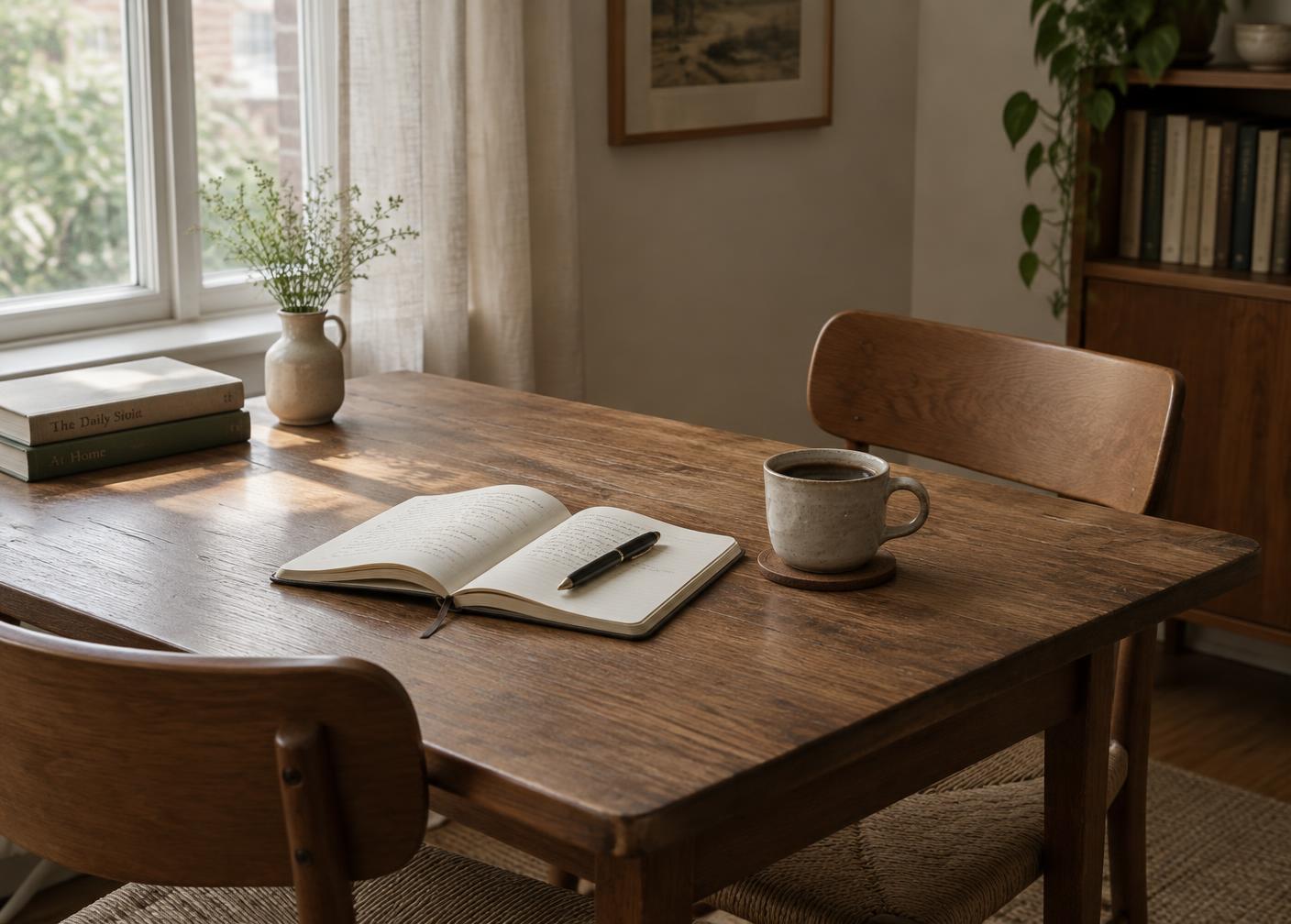 Een rustige spreekkamer met een opengeslagen notitieboek en een kop koffie op een houten tafel